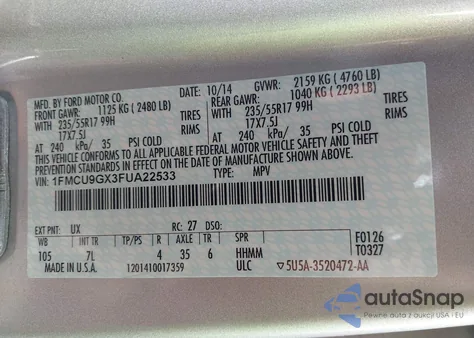2015 Ford Escape Se from USA, damaged, VIN 1FMCU9GX3FUA22533